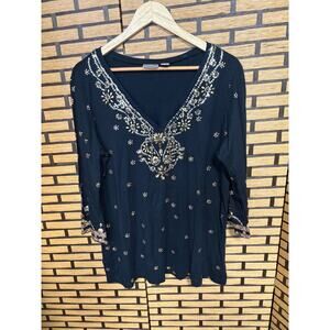 Chico's Black V Neck 3/4 Sleeve Boho Embellished Top Size 2 (Size Large)